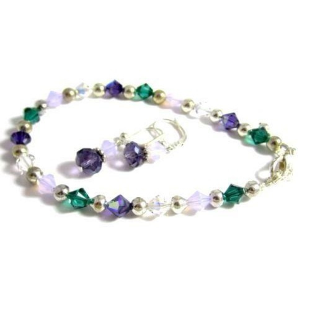 Pretty Purple, Lavender, Green, Clear & Silver Artisan Bracelet & Earring‎ Set